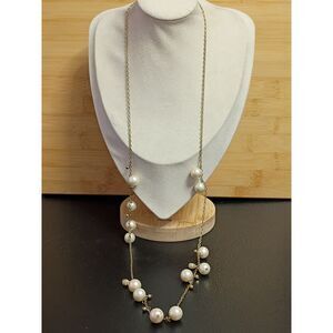 Vintage Designer J.Crew Necklace of Goldtone Chain Faux Pearl, Rhinestone Charms